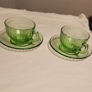 Set Of 2 Vintage  Hazel Atlas Green Depression Uranium Glass Cup & Saucer